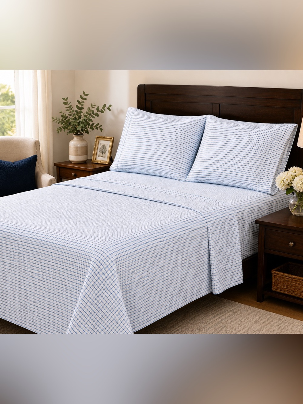 Charisma Twin XL 4-Piece Microfiber Sheet Set – Blue & White Stripe